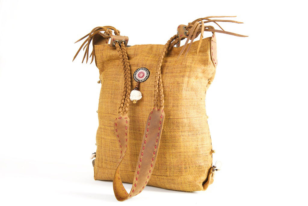 Sabrina - Vintage Shoulder Bag in Caramel Colour Hemp & Vintage Hmong Tribal Fabric Sabrina - Vintage Shoulder Bag in Caramel Colour Hemp & Vintage Hmong Tribal Fabric