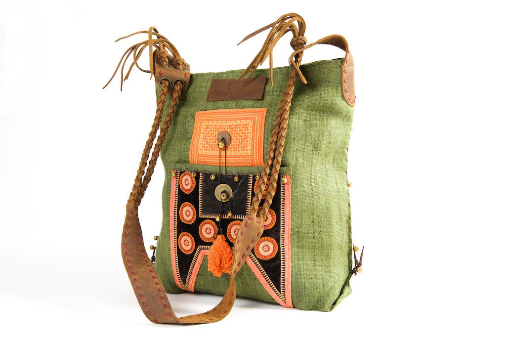 Sabrina - Vintage Shoulder Bag in Emerald Green Hemp & Vintage Hmong Tribal Fabric Sabrina - Vintage Shoulder Bag in Emerald Green Hemp & Vintage Hmong Tribal Fabric