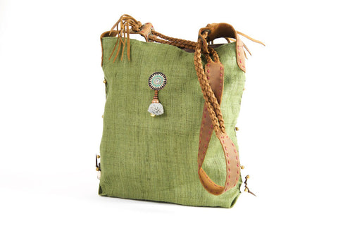 Sabrina - Vintage Shoulder Bag in Emerald Green Hemp & Vintage Hmong Tribal Fabric