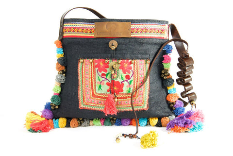 Roman Holiday - Vintage Boho Shoulder Bag in Charcoal Black Hemp - One Of A Kind Red & Black Detail