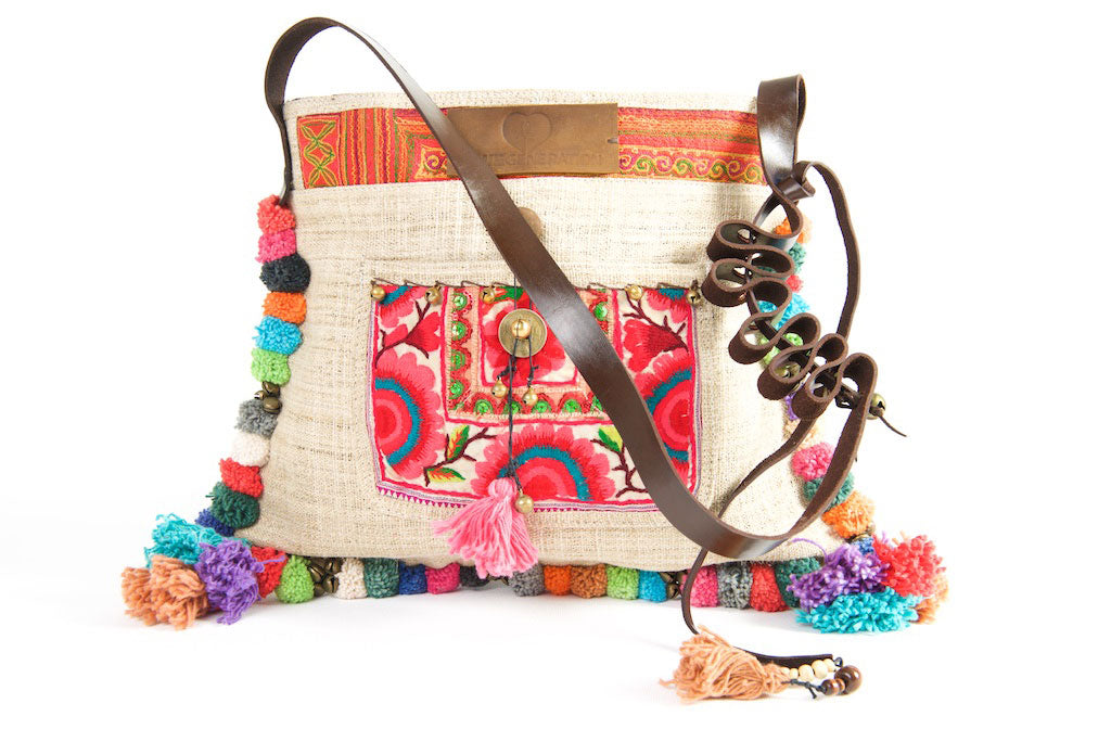 Roman Holiday - Vintage Boho Shoulder Bag in Ivory White Hemp + Vintage Hmong Tribal Fabric