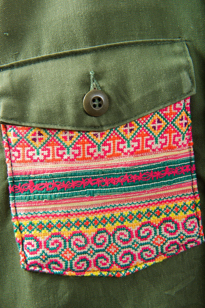 Make Love, Not War, Army Jacket -Genuine Vintage Army Jacket with Vintage Hmong Embroidery