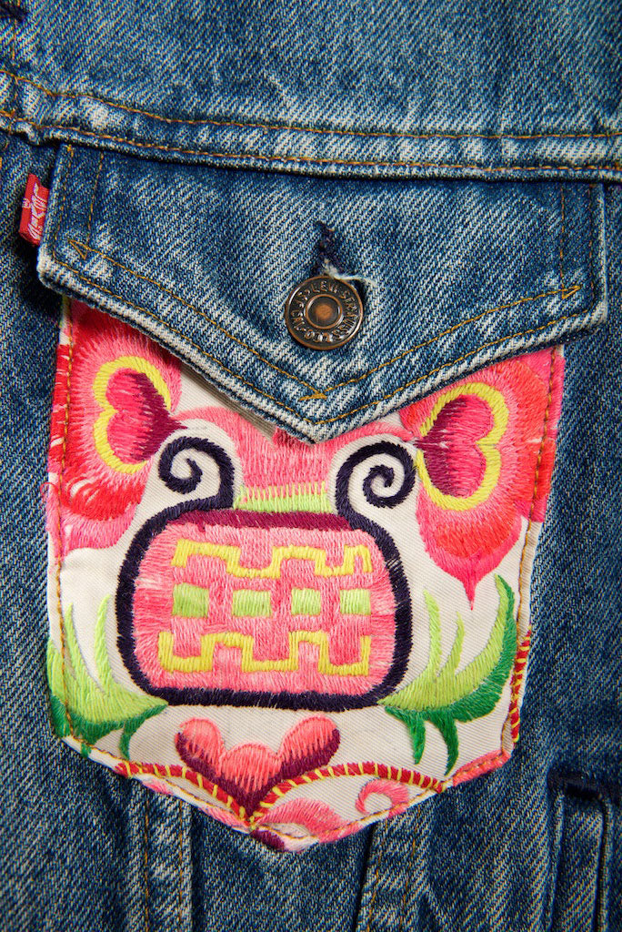 Vintage Denim Jacket with Vintage Hmong Hill Tribe Embroidery