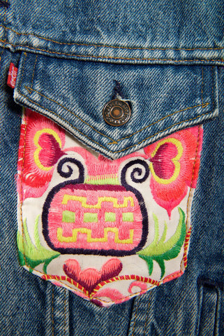 Vintage Denim Jacket with Vintage Hmong Hill Tribe Embroidery