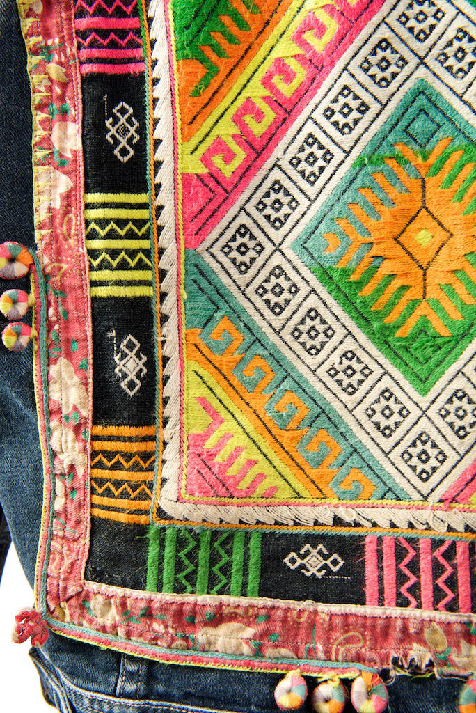 Vintage Denim Jacket with Vintage Hmong Hill Tribe Embroidery