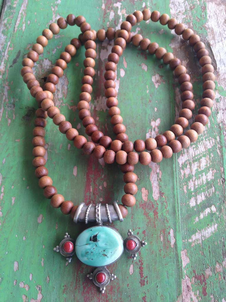 Vintage Tribal Pendant Necklace in Sterling Silver Turquoise and Coral from Jaisalmer Silver Collection