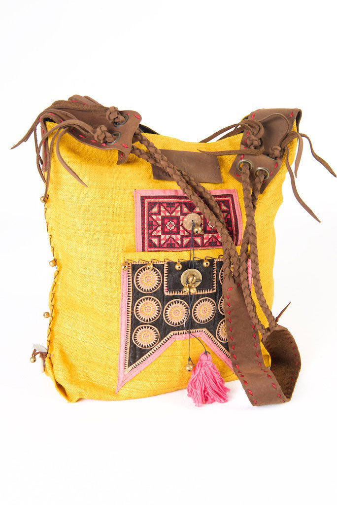 Sabrina - Vintage Shoulder Bag in Turmeric Colour Hemp & Vintage Hmong Tribal Fabric Sabrina - Vintage Shoulder Bag in Turmeric Colour Hemp & Vintage Hmong Tribal Fabric