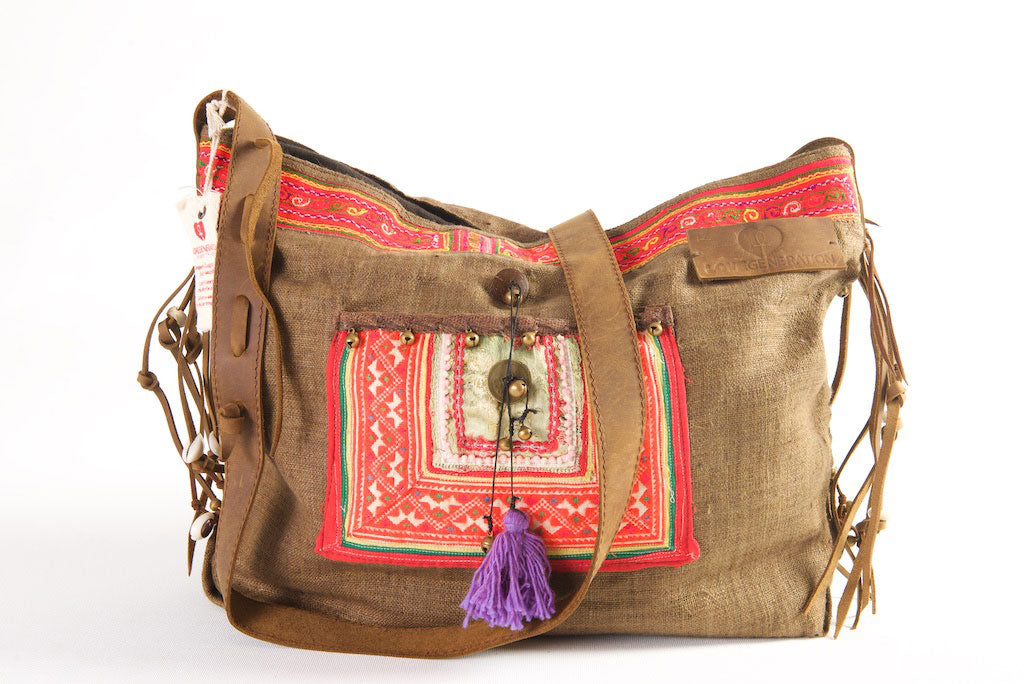 Jezebel - Vintage Shoulder Bag in Coffee Colour Hemp & Vintage Hmong Tribal Fabric Jezebel - Vintage Shoulder Bag in Coffee Colour Hemp & Vintage Hmong Tribal Fabric
