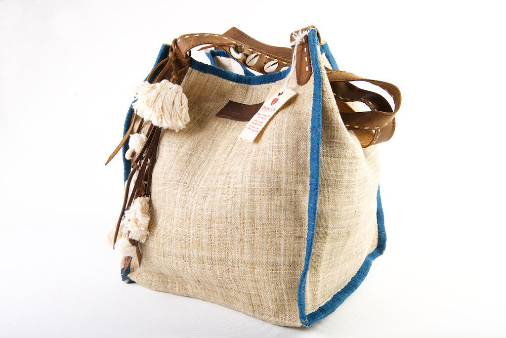 Wild Child - Medium Tote in Ivory White with Blue Trim