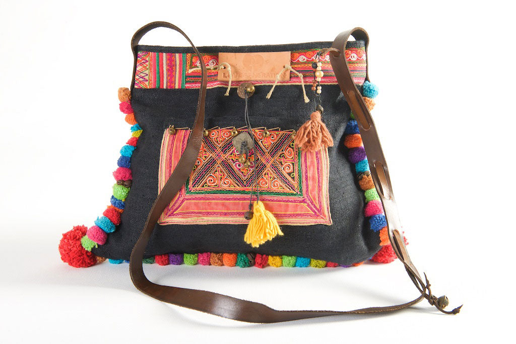 Roman Holiday - Vintage Boho Shoulder Bag in Charcoal Hemp, + Vintage Hmong Tribal Fabric Roman Holiday - Vintage Boho Shoulder Bag in Charcoal Hemp, + Vintage Hmong Tribal Fabric
