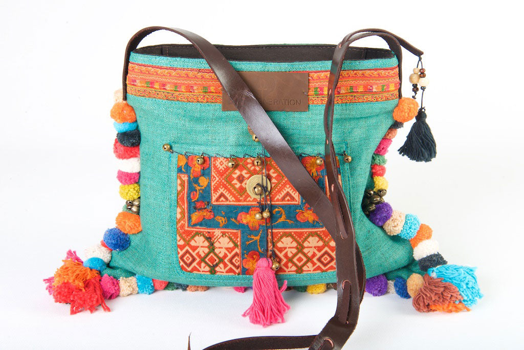 Roman Holiday - Vintage Boho Shoulder Bag in Turquoise Hemp + Vintage Hmong Tribal Fabric Roman Holiday - Vintage Boho Shoulder Bag in Turquoise Hemp + Vintage Hmong Tribal Fabric
