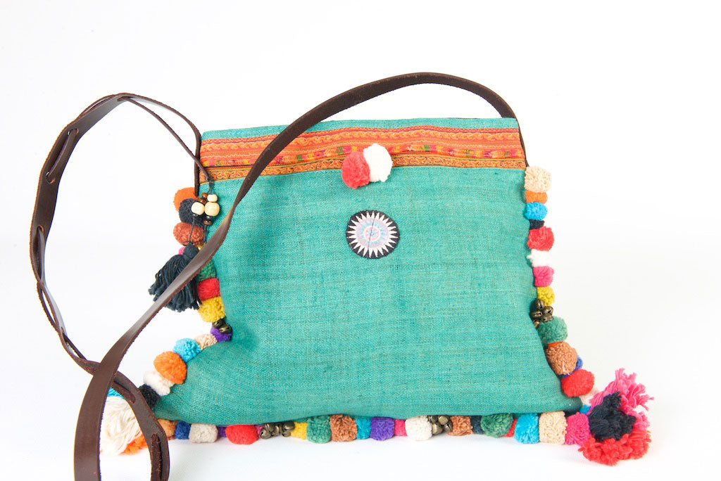Roman Holiday - Vintage Boho Shoulder Bag in Turquoise Hemp + Vintage Hmong Tribal Fabric Roman Holiday - Vintage Boho Shoulder Bag in Turquoise Hemp + Vintage Hmong Tribal Fabric