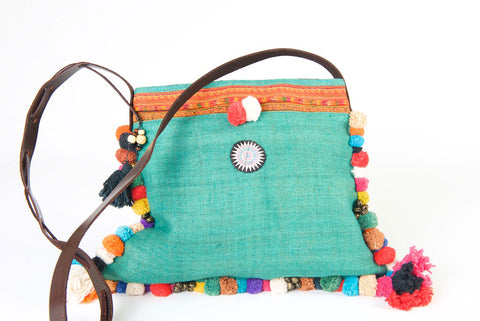 Roman Holiday - Vintage Boho Shoulder Bag in Turquoise Hemp + Vintage Hmong Tribal Fabric