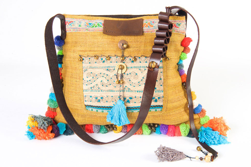 Roman Holiday - Vintage Boho Shoulder Bag in Tan Hemp + Vintage Hmong Tribal Fabric Roman Holiday - Vintage Boho Shoulder Bag in Tan Hemp + Vintage Hmong Tribal Fabric