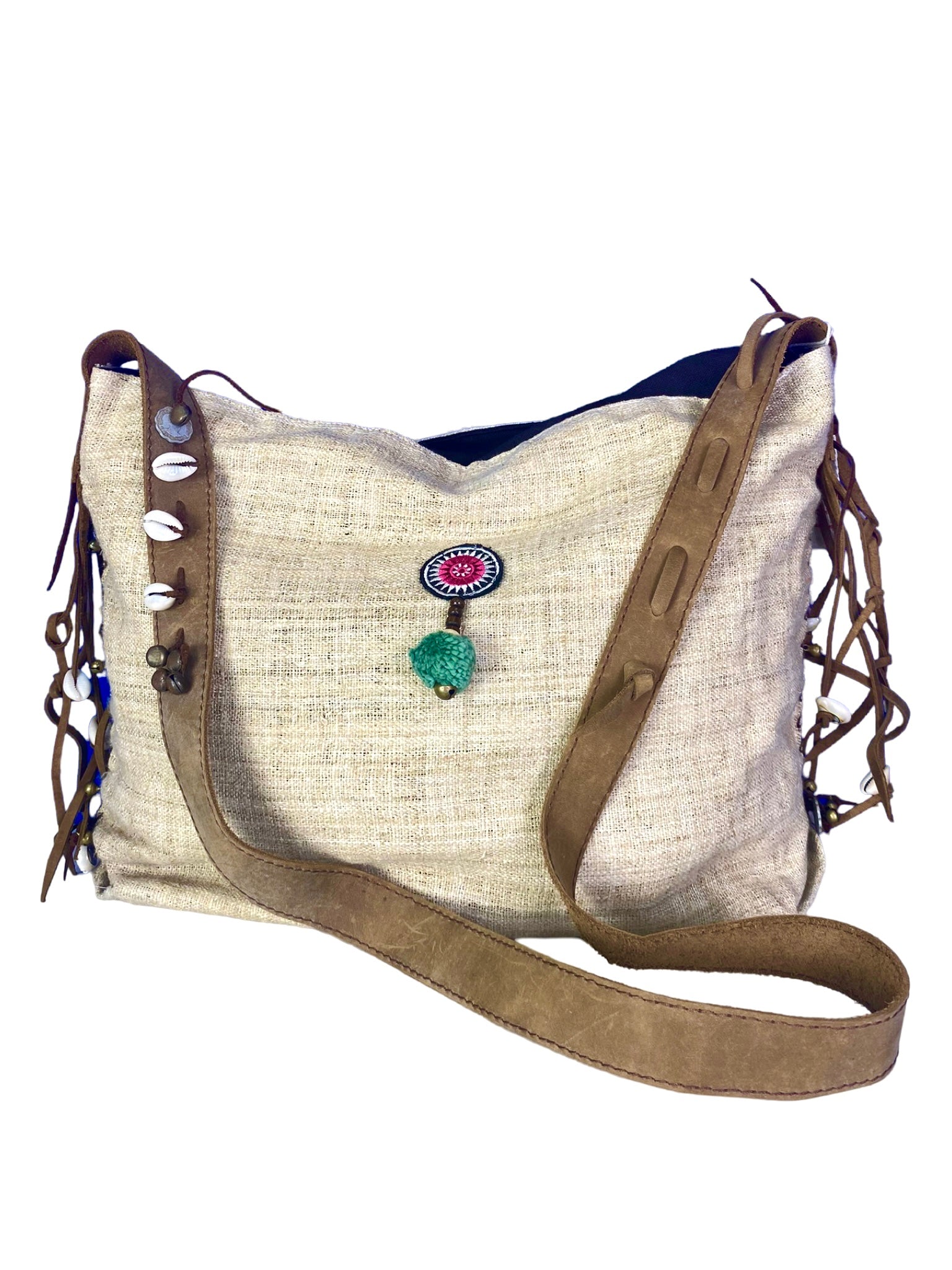 Jezebel - Vintage Shoulder Bag in Ivory White Colour Hemp & Vintage Hmong Tribal Fabric