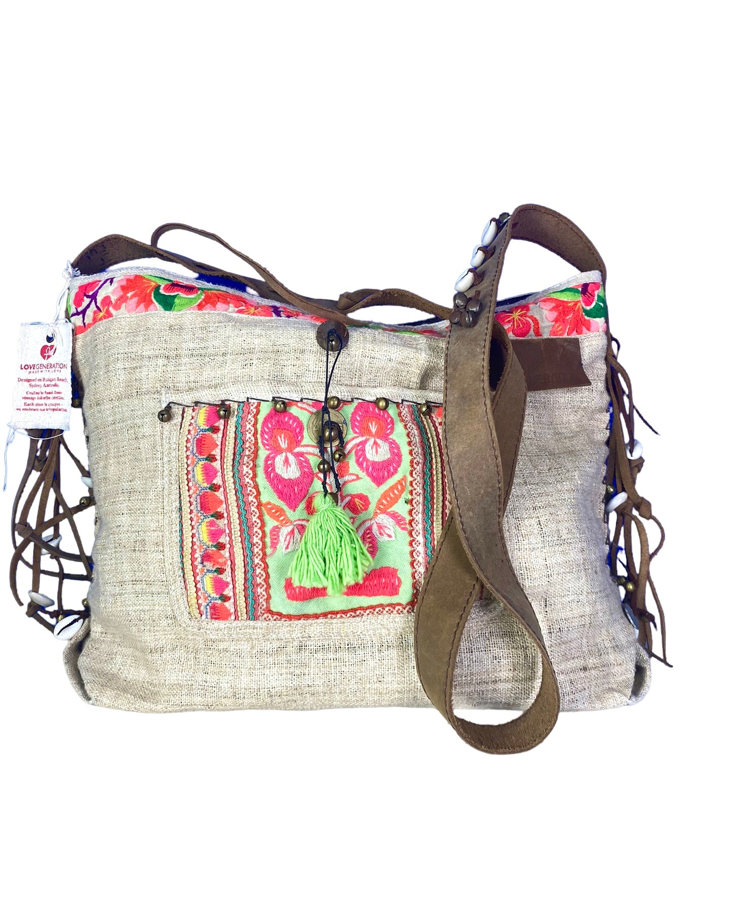 Jezebel - Vintage Shoulder Bag in Ivory White Colour Hemp & Vintage Hmong Tribal Fabric
