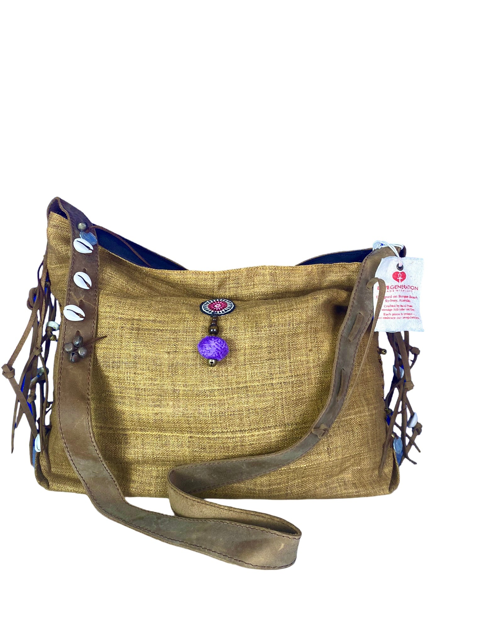 Jezebel - Vintage Shoulder Bag in Wheat Colour Hemp & Vintage Hmong Tribal Fabric