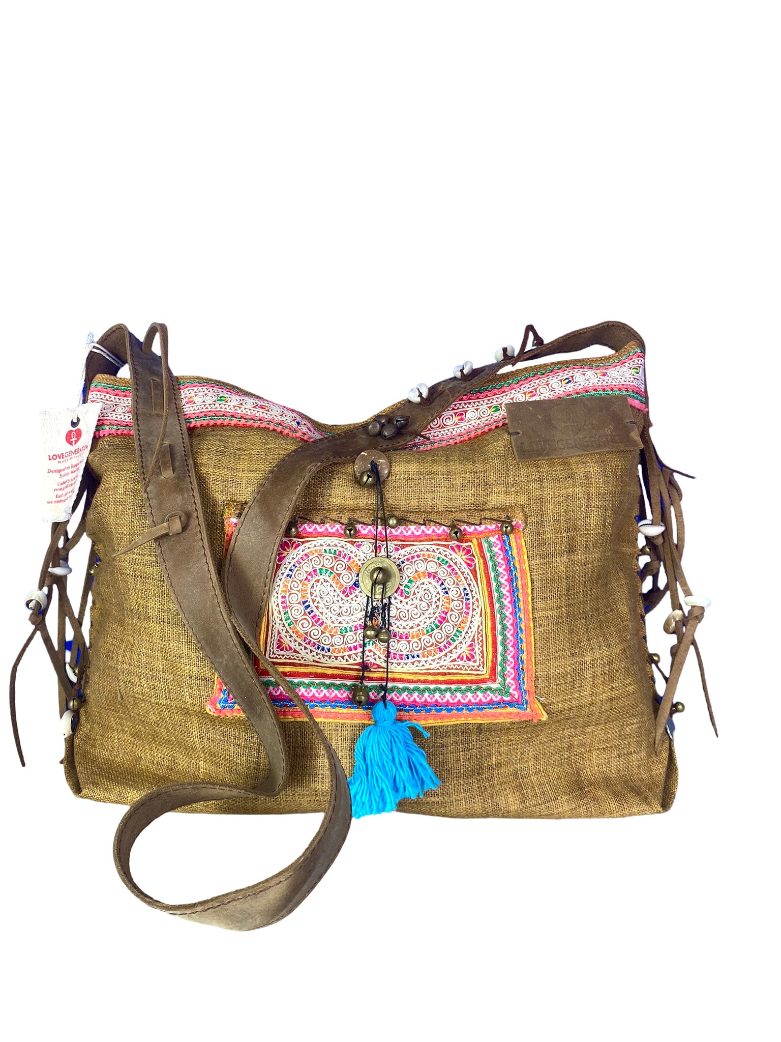 Jezebel - Vintage Shoulder Bag in Wheat Colour Hemp & Vintage Hmong Tribal Fabric
