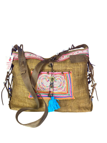 Jezebel - Vintage Shoulder Bag in Wheat Colour Hemp & Vintage Hmong Tribal Fabric