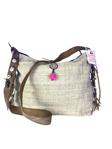 Jezebel - Vintage Shoulder Bag in Ivory White Colour Hemp & Vintage Hmong Tribal Fabric
