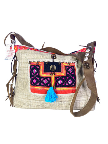 Jezebel - Vintage Shoulder Bag in Ivory White Colour Hemp & Vintage Hmong Tribal Fabric