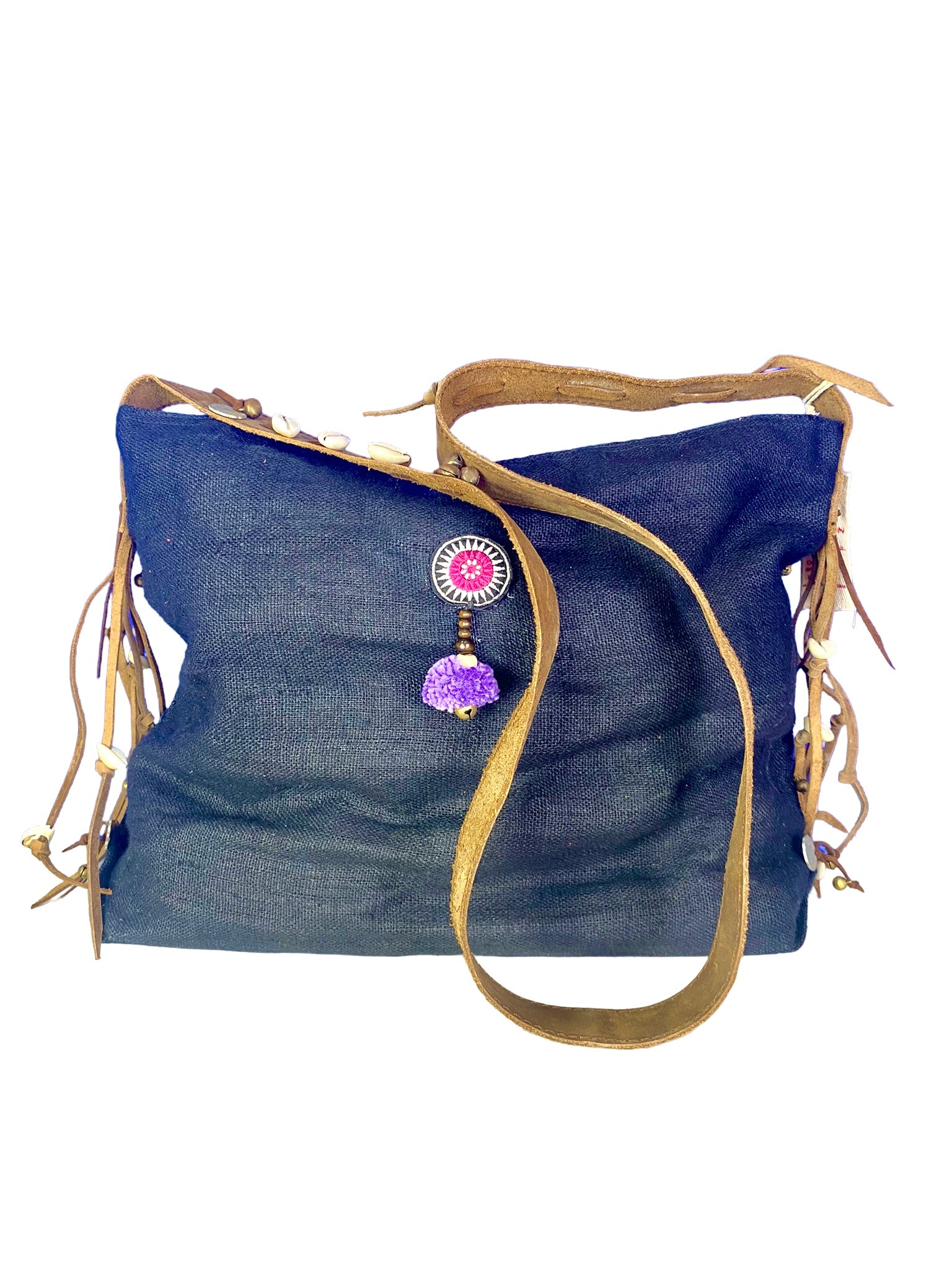 Jezebel - Vintage Shoulder Bag in Charcoal Black Colour Hemp & Vintage Hmong Tribal Fabric