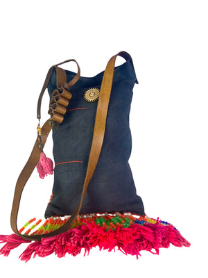 Bohemian Rhapsody -  Shoulder Boho Bag Hmong Fabric in Pink and Burnt Orange with Pompom Detail