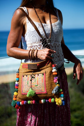Roman Holiday - Vintage Boho Shoulder Bag in Caramel Hemp + Vintage Hmong Tribal Fabric