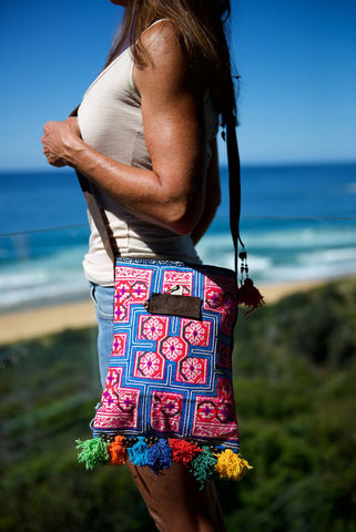 Bohemian Rhapsody - Pink & Blue Shoulder Boho Bag Hmong Fabric with Pompom Detail