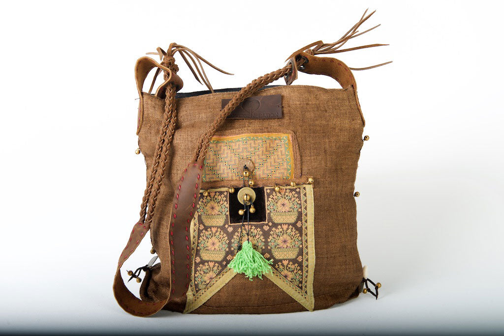 Sabrina - Vintage Shoulder Bag in Coffee Colour Hemp & Vintage Hmong Fabric