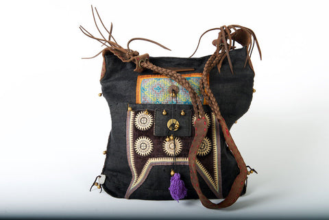 Sabrina - Vintage Shoulder Bag in Charcoal Black Colour Hemp & Vintage Hmong Fabric