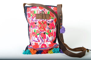 Bohemian Rhapsody -  Shoulder Boho Bag Hmong Fabric in Red with Pompom Detail