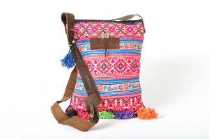 Bohemian Rhapsody -  Shoulder Boho Bag Hmong Fabric in Pink and Blue with Pompom Detail