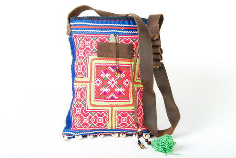 Bohemian Rhapsody -  Shoulder Boho Bag Hmong Fabric in Pink, Yellow and Blue with Pompom Detail