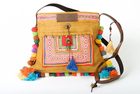 Roman Holiday - Vintage Boho Shoulder Bag in Caramel Hemp With One Of A Kind Multi Coloured Detail