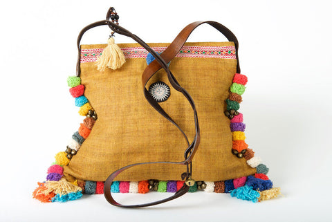 Roman Holiday - Vintage Boho Shoulder Bag in Caramel Hemp With One Of A Kind Multi Coloured Detail