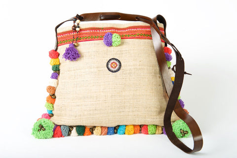 Roman Holiday - Vintage Boho Shoulder Bag in Ivory White Hemp With One Of A Kind Multi Coloured Detail