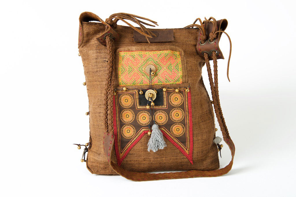 Sabrina - Vintage Shoulder Bag in Coffee Colour Hemp & Vintage Hmong Fabric
