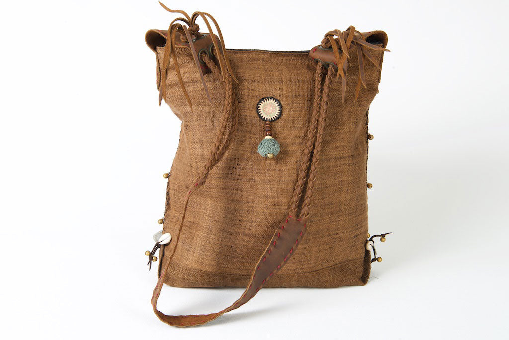 Sabrina - Vintage Shoulder Bag in Coffee Colour Hemp & Vintage Hmong Fabric