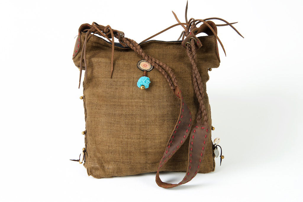 Sabrina - Vintage Shoulder Bag in Chocolate Colour Hemp & Vintage Hmong Fabric