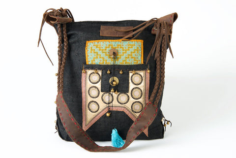 Sabrina - Vintage Shoulder Bag in Charcoal Black Colour Hemp & Vintage Hmong Fabric