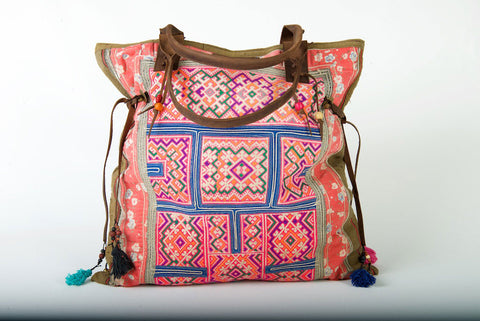 Casablanca - Large Vintage Boho Shoulder Bag Hmong Fabric in Pink and Blue