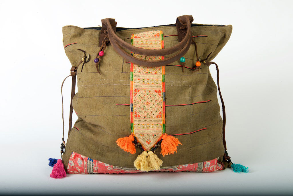 Casablanca - Large Vintage Boho Shoulder Bag Hmong Fabric in Pink and Blue