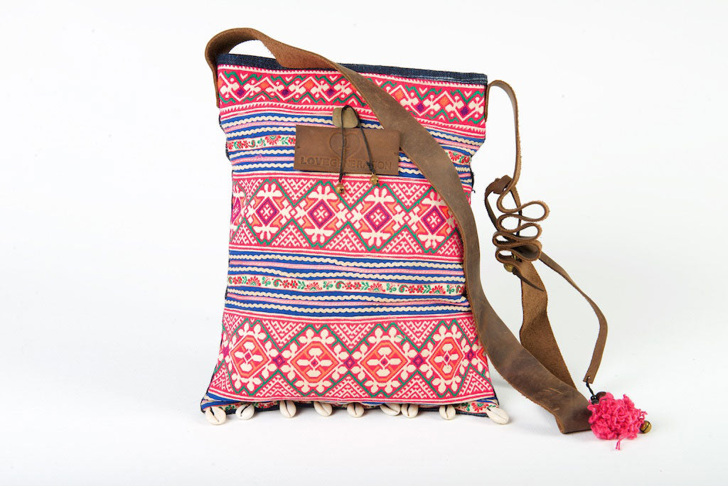 Bohemian Rhapsody - Pink & Sunned Blue Shoulder Boho Bag Hmong Shells Crossbody