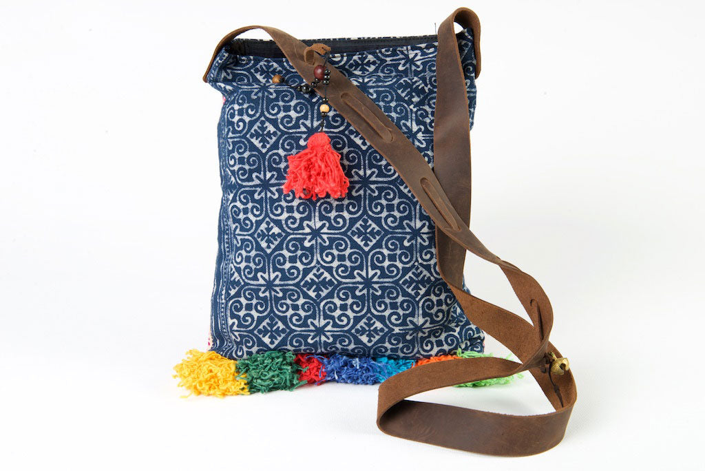 Bohemian Rhapsody - Pink & Blue Shoulder Boho Bag Hmong Fabric with Pompom Detail