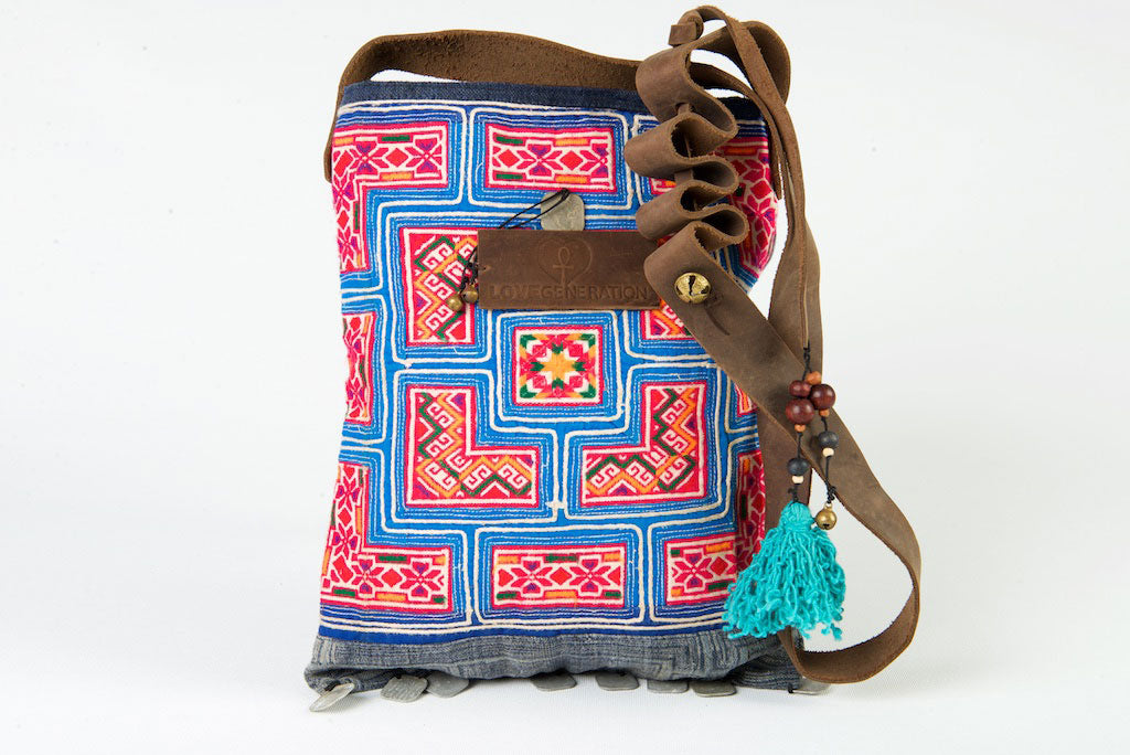 Bohemian Rhapsody - Red & Blue Shoulder Boho Bag Hmong Shells Crossbody