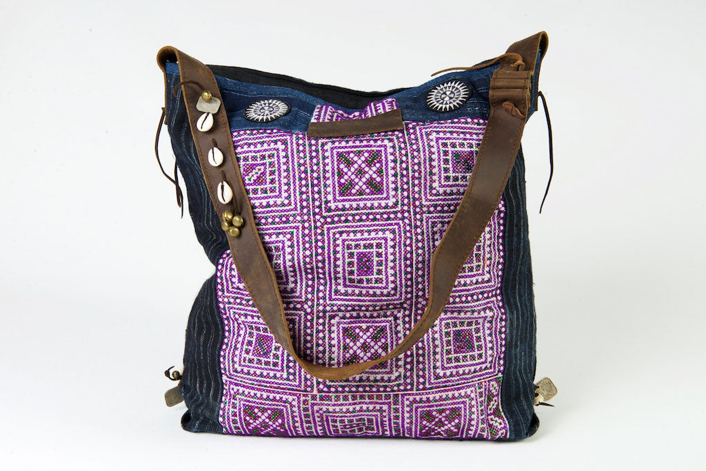 Little Rebel - Unique Handmade Boho Tote Handbag With Leather Detail - Violet