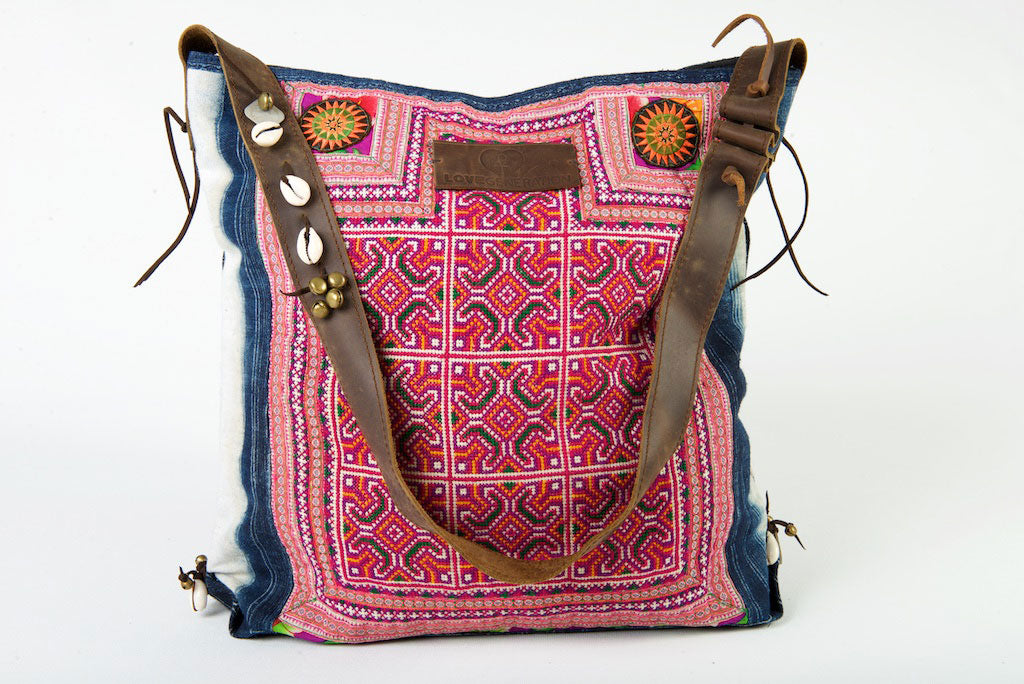 Little Rebel - Unique Handmade Boho Tote Handbag With Leather Detail - Green & Violet