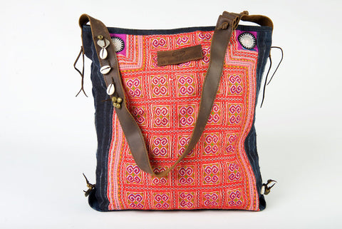 Little Rebel - Unique Handmade Boho Tote Handbag With Leather Detail -  Red & Purple