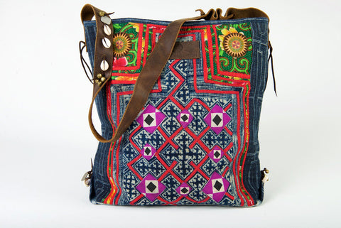 Little Rebel - Unique Handmade Boho Tote Handbag With Leather Detail -  Purple, Green & Indigo